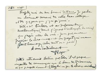 LÉGER, FERNAND. Autograph Note Signed, twice FLeger, on a printed announcement for the first public exhibition of his mural,